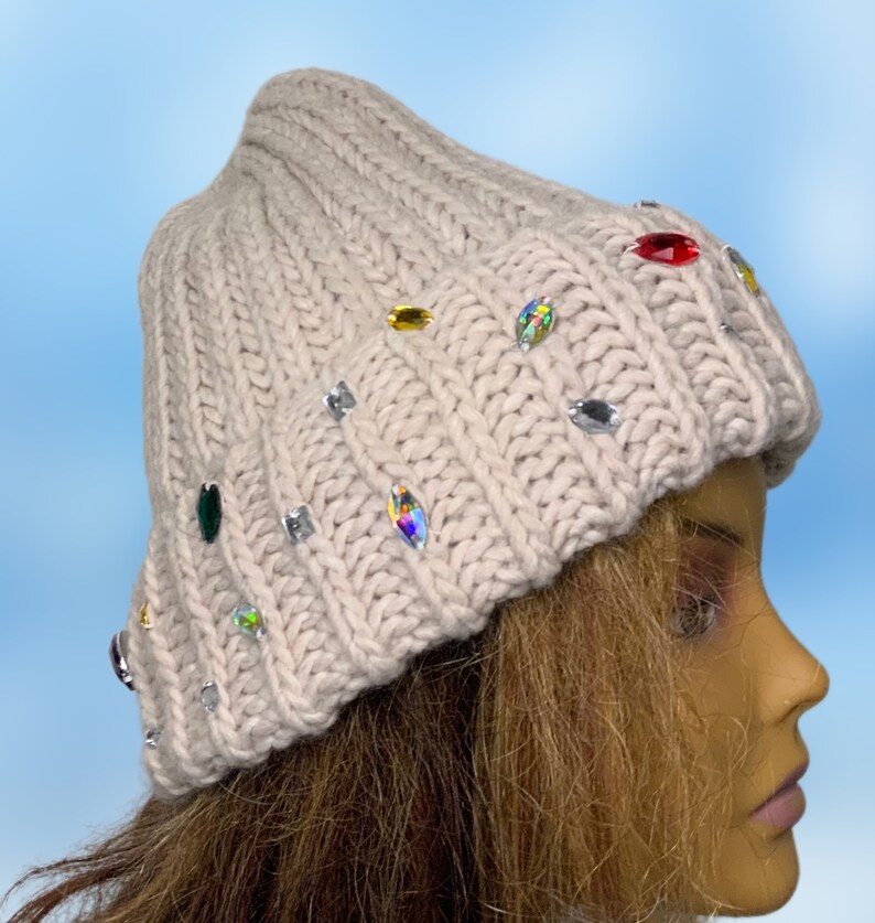 Handmade Knitted Hat with Folded Brim rhinestone jewels stone attached alpaca wool knitted winter hat woman image 2