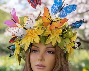 Handmade Butterfly Flower Crown, Whimsical Garden Headpiece, Cottagecore Festival Wear