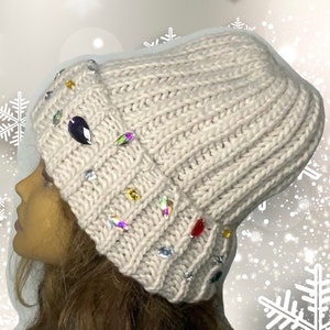 Handmade Knitted Hat with Folded Brim rhinestone jewels stone attached alpaca wool knitted winter hat woman image 1