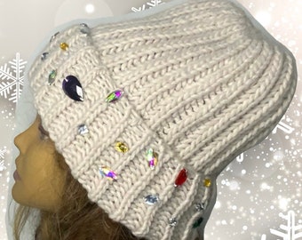 Handmade Knitted Hat with Folded Brim rhinestone jewels stone attached alpaca wool knitted winter hat woman