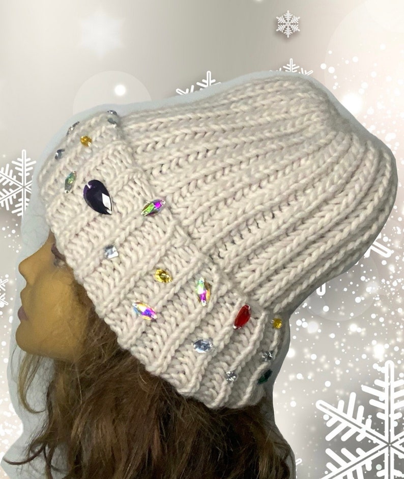 Handmade Knitted Hat with Folded Brim rhinestone jewels stone attached alpaca wool knitted winter hat woman image 1