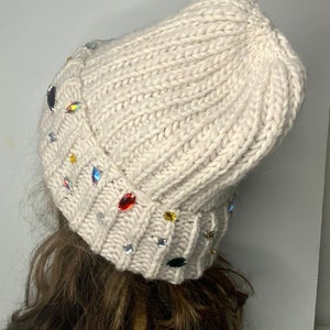 Handmade Knitted Hat with Folded Brim rhinestone jewels stone attached alpaca wool knitted winter hat woman image 3