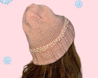 Hand Knitted Cashmere Blend Beanie, Beaded Winter Hat