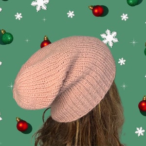 hand knitted beanie hand made pale pink winter hat cashmere blend beanie slouchy pink beanie