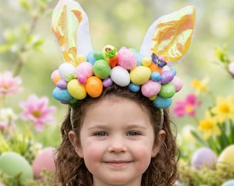 Easter Bunny Ears Headband: Colorful Eggs, Artificial Flowers