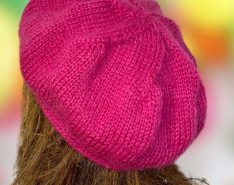 Hot pink hand knitted berret knitted hat pink beanie
