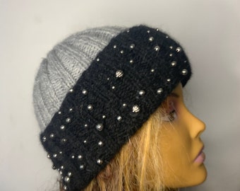 Bead-Embellished Beanie hand knitted alpaca winter hat warm winter beanie with bead cuffed