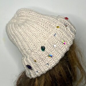 Handmade Knitted Hat with Folded Brim rhinestone jewels stone attached alpaca wool knitted winter hat woman image 8