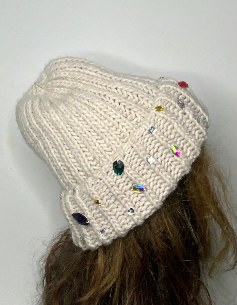 Handmade Knitted Hat with Folded Brim rhinestone jewels stone attached alpaca wool knitted winter hat woman image 8