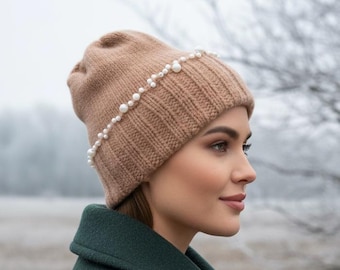 Hand Knitted Cashmere Blend Beanie with Pearls Knitted winter hat