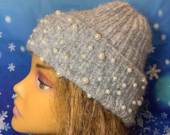 Knitted wool hat with beads double cuff winter hat