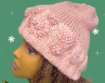 Hand Knit Cashmere Blend Beanie, Beaded Winter Hat