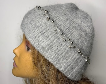 Hand Knitted Cashmere Blend Beanie, Beaded Winter Hat