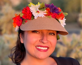 Coachella Crown Headband headpiece handmade one of the kind floral visor straw summer hat