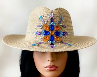 Handcrafted Rhinestone Wide Brim Hat – Elegant Sparkly Sun Hat for Occasions