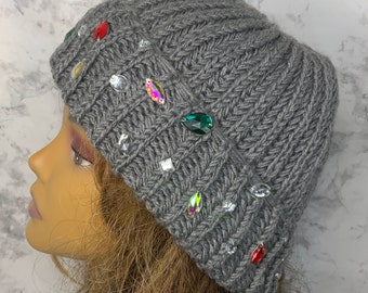 Handmade Knitted Hat with Folded Brim rhinestone jewels stone attached alpaca wool knitted winter hat woman