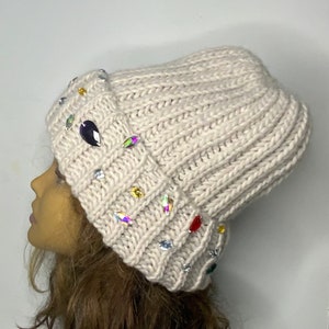 Handmade Knitted Hat with Folded Brim rhinestone jewels stone attached alpaca wool knitted winter hat woman image 4