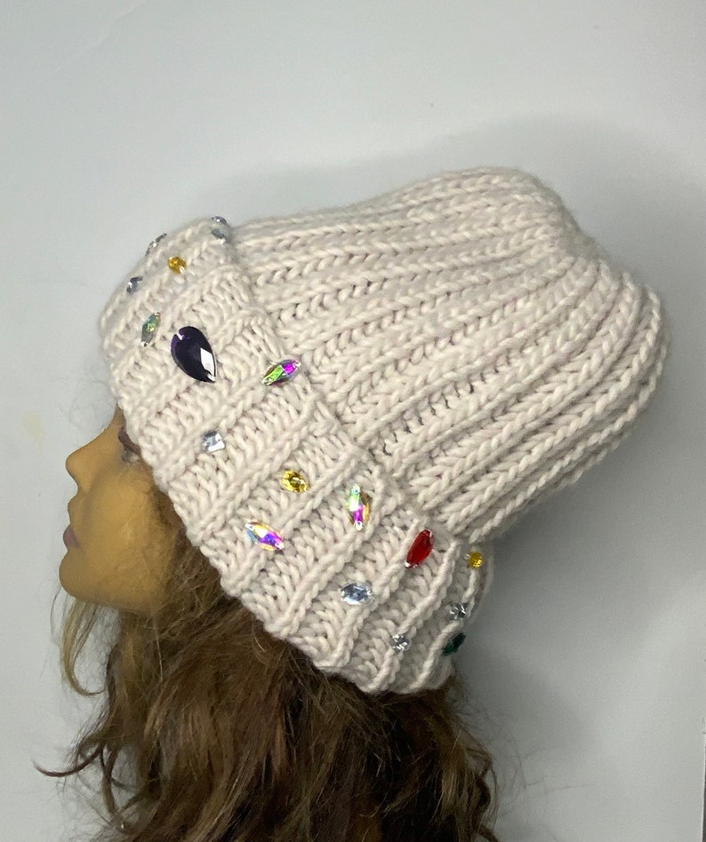 Handmade Knitted Hat with Folded Brim rhinestone jewels stone attached alpaca wool knitted winter hat woman image 4