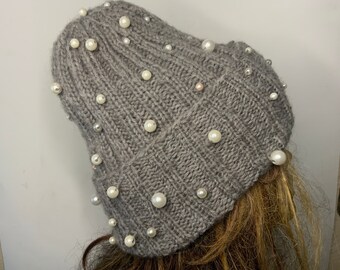 Double cuff beads hand knitted alpaca winter hat warm winter beanie with beads