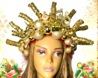 Handmade Christmas Headband Crown, Holiday Party Gold Headpiece