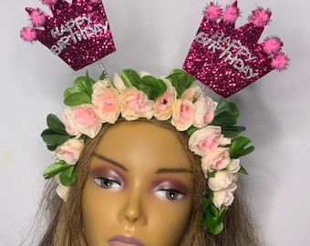 birthday floral headband floral headpiece  woman girl, happy birthday floral crown birthday crown