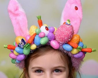 Handmade Easter Bunny Ears Headband: Kids Floral Headpiece