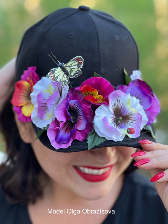 Vintage Fashion Fantasy Beaded Floral Butterfly Hat Art to Wear Festival Cap Women Embroidery Butterfly Baseball Cap Flower Print Bling  main image 3