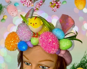 Handmade Easter Headband: Bunny Ears, Floral Eggs, Kids Girls