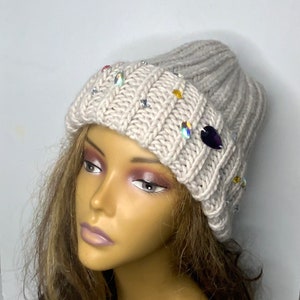 Handmade Knitted Hat with Folded Brim rhinestone jewels stone attached alpaca wool knitted winter hat woman image 6