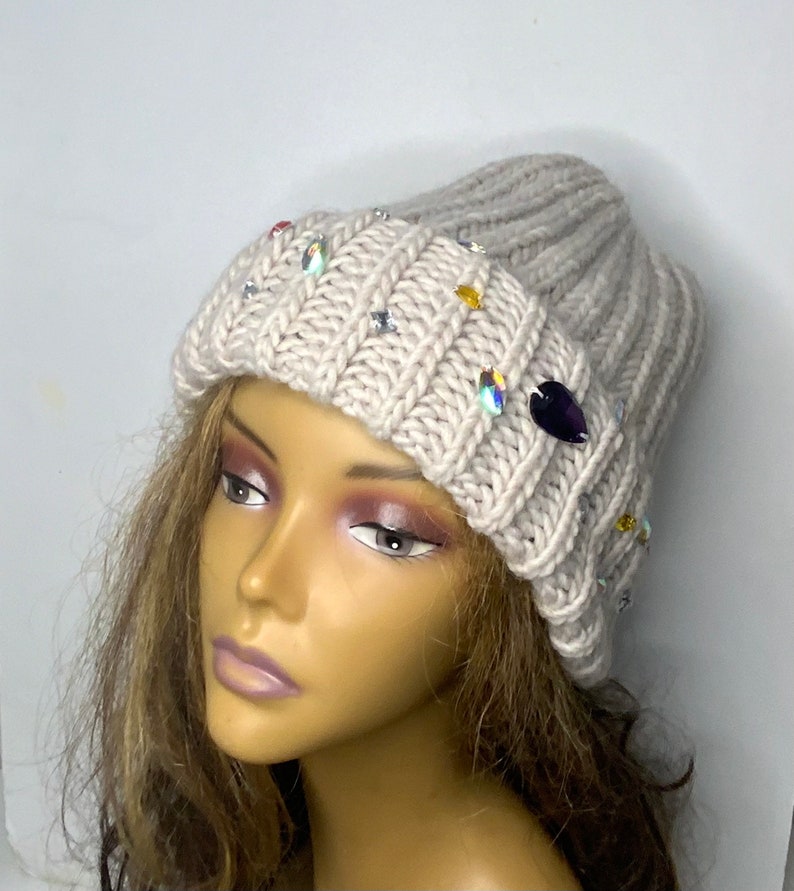 Handmade Knitted Hat with Folded Brim rhinestone jewels stone attached alpaca wool knitted winter hat woman image 6