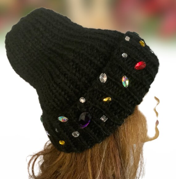 Black Beanie with Colorful Rhinestones Rhinestone Gemstone Beanie Hat – Sparkle Skull Cap (Black or  main image 3
