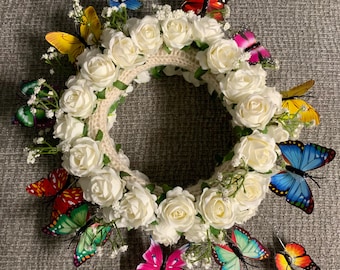 Handmade Floral Butterfly Crown, Whimsical Flower Headpiece, Fairy Costume Wreath