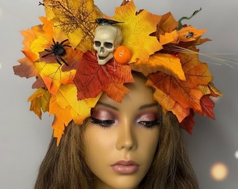 Handmade Halloween Crown Headband, Fall Leaves & Skull
