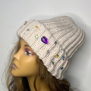 Handmade Knitted Hat with Folded Brim rhinestone jewels stone attached alpaca wool knitted winter hat woman image 5