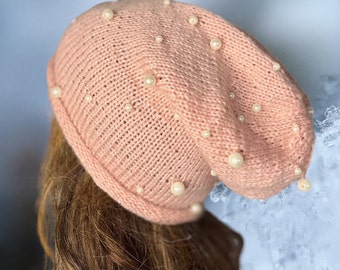 Slouchy beanie hand knitted millennial pink Pearl beads unisex/ women/ teenagers cashmere blend