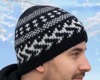Hand Knitted Wool Beanie: Geometric Winter Skull Hat