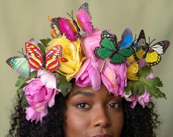 Handmade Butterfly Flower Crown, Oversized Floral Headpiece, Cottagecore Hair Wreath, Festival Wear