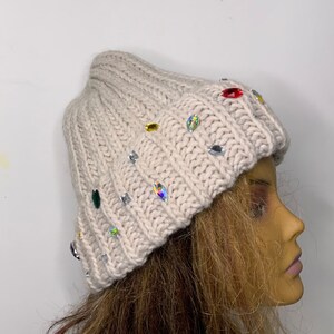 Handmade Knitted Hat with Folded Brim rhinestone jewels stone attached alpaca wool knitted winter hat woman image 9