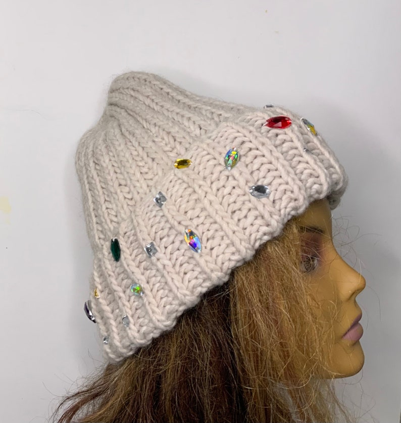 Handmade Knitted Hat with Folded Brim rhinestone jewels stone attached alpaca wool knitted winter hat woman image 9