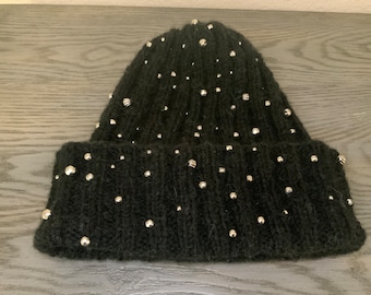 Bead-Embellished Beanie hand knitted alpaca winter hat warm winter beanie with beads cuffed