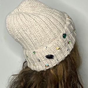 Handmade Knitted Hat with Folded Brim rhinestone jewels stone attached alpaca wool knitted winter hat woman image 7