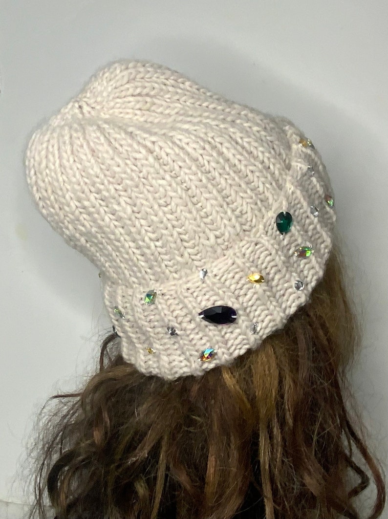 Handmade Knitted Hat with Folded Brim rhinestone jewels stone attached alpaca wool knitted winter hat woman image 7