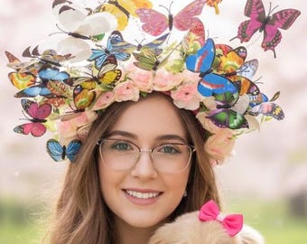 Handmade Butterfly Flower Crown, Oversized Floral Headpiece, Cottagecore Hair Wreath, Festival Wear