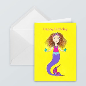 Curly Mermaid Birthday Card - Mermaid Card - Children's Mermaid Card - Red Hair Card - Yellow Nursery Art - Mermaid Art Gift