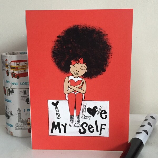 Afro hair - Afro girl art - Card with Positive message - Promoting Self love - natural hair - Mixed race girl - I love myself