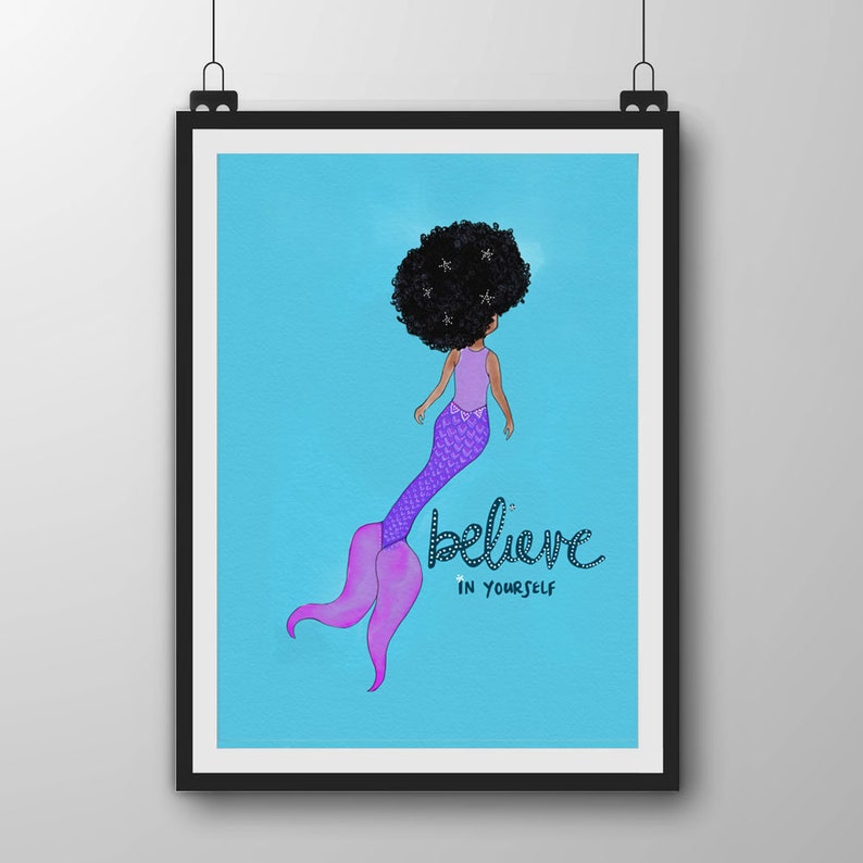 Afro Art Print Mermaid Art Aqua Nursery Art Mixed Race Children/'s Mermaid Art Art for Kids bedroom bi-racial Mermaid decor