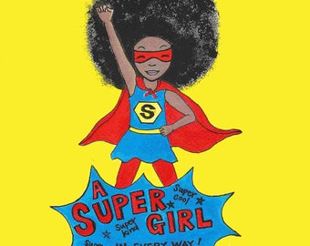 Afro Hair Card - Super Girl Card - Positive Greetings Card - Card for kids - Card with Afro Super girl  - Children's funky Card - Blank Card