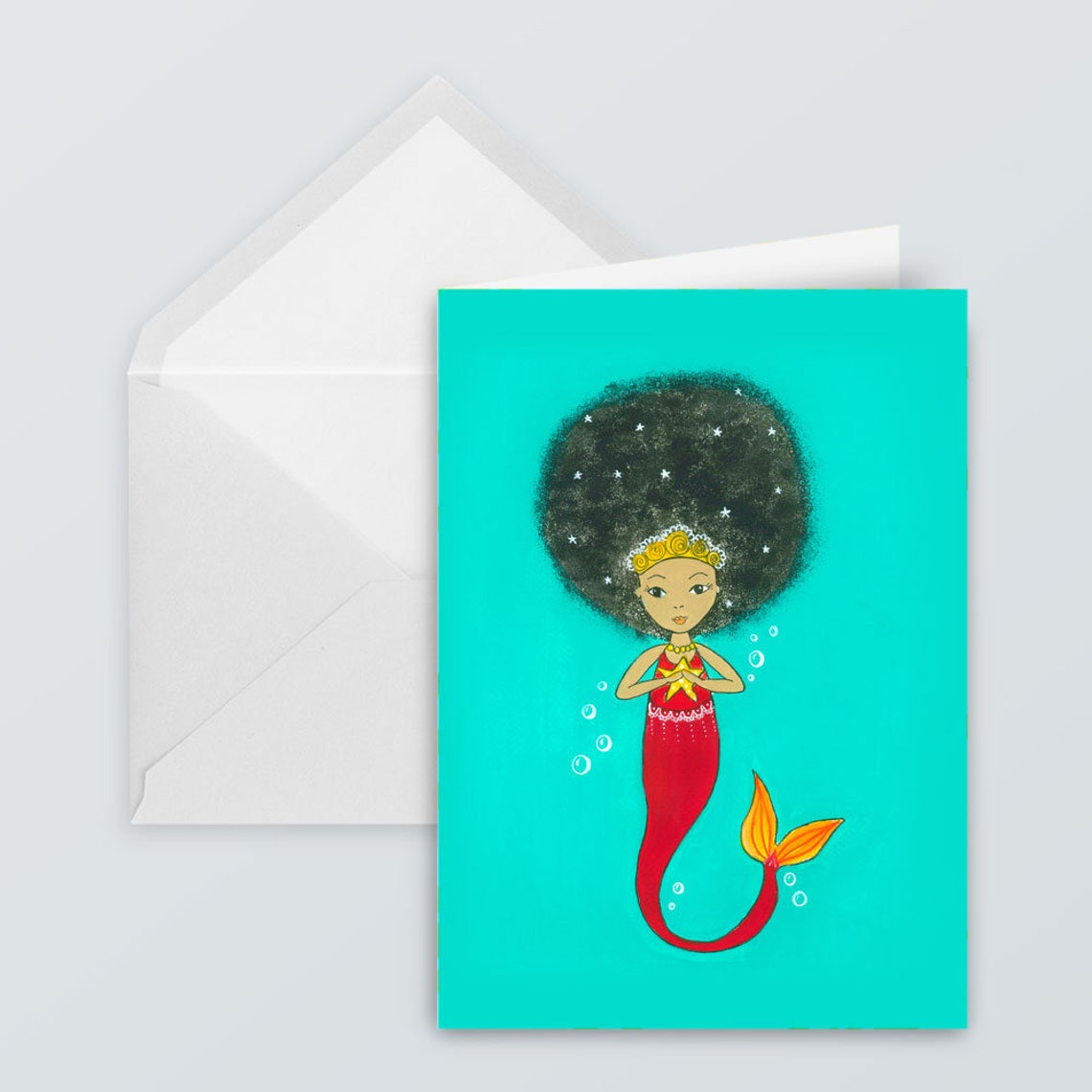 Mermaid Art Card Afro Mermaid Card Children's Mermaid Card Card for ...