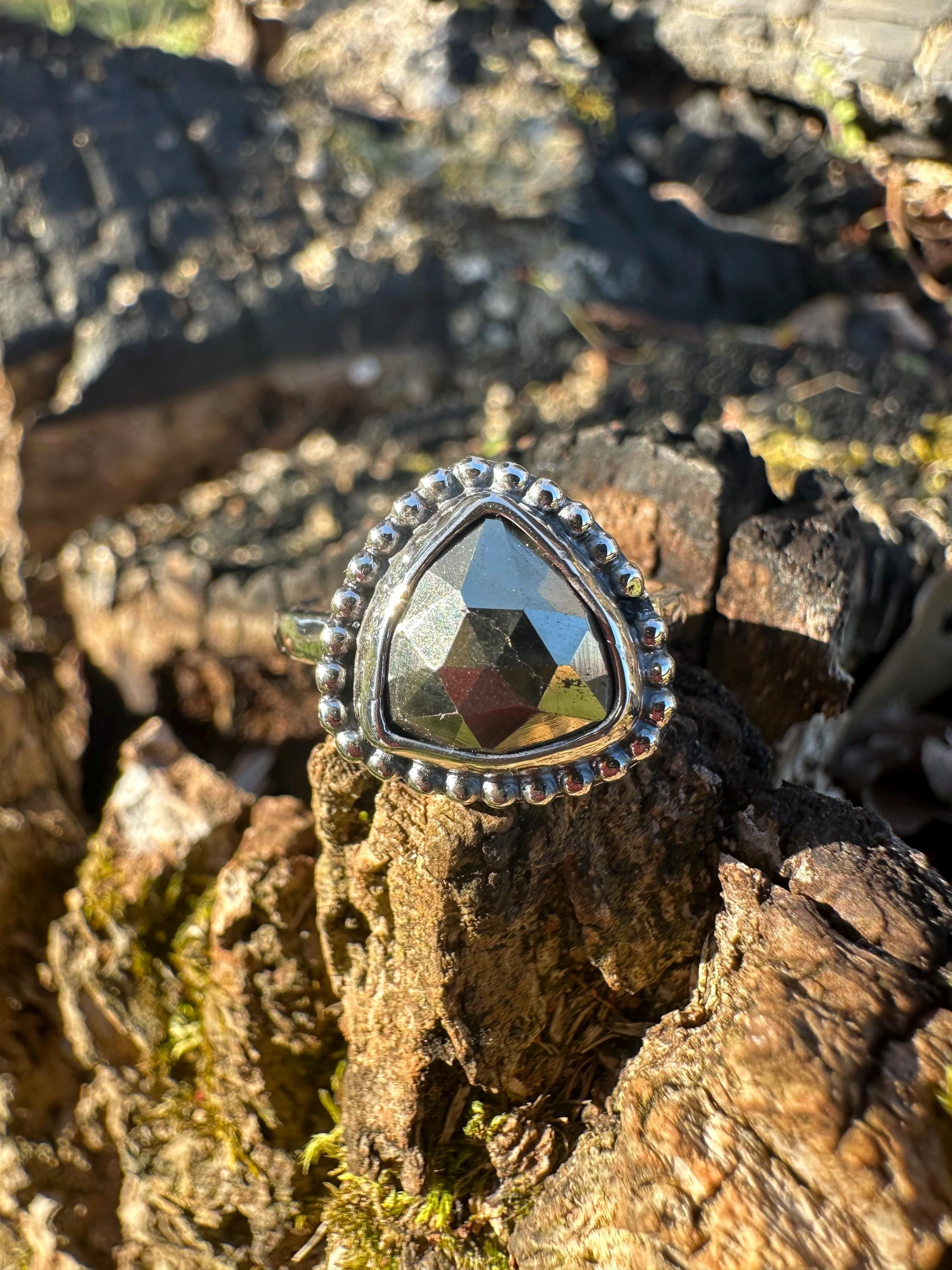 Handmade Size 6.5 Faceted Pyrite and  Sterling Silver Hammered Ring