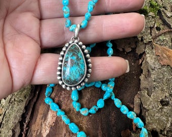 19” Handmade Knotted Blue Ridge Turquoise and Sterling Silver Necklace
